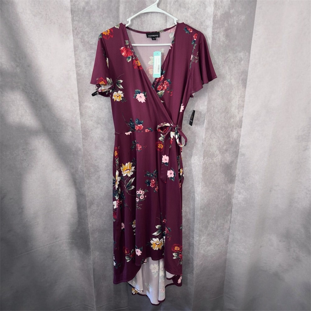 NWT Fortune +Ivy Faux Wrap Burgundy Dress Knit Maxi Floral Boho  Womens Large